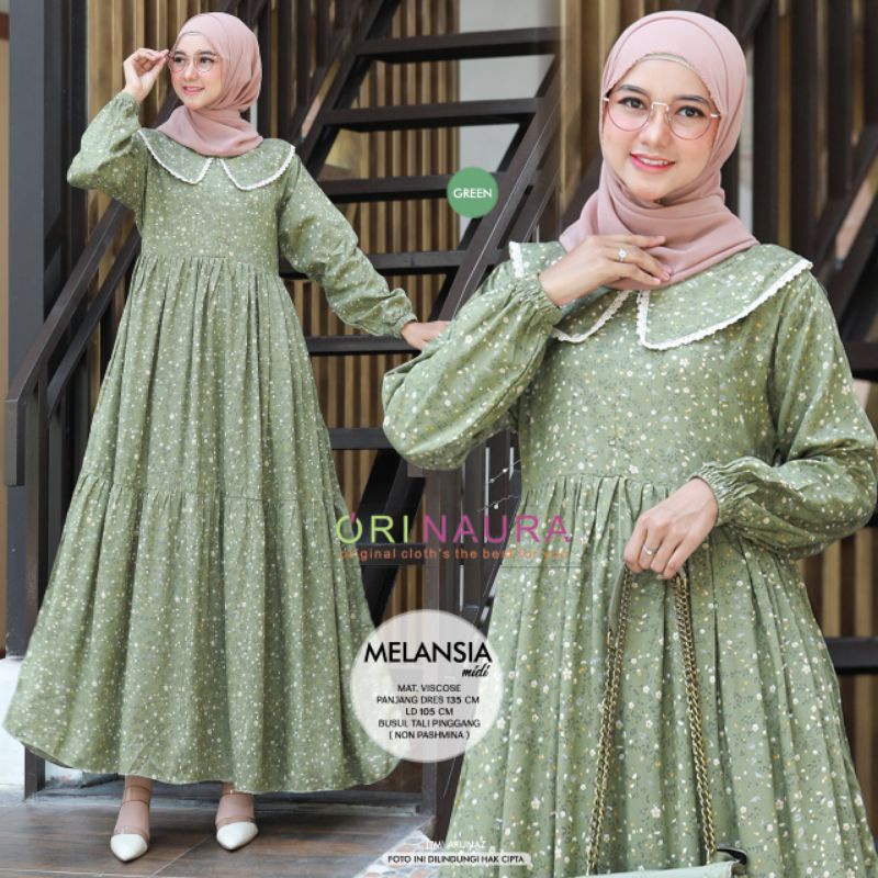 Midi Kerah Motif Series Orinaura / Original Naura Gamis Dress Busui Crinkle Airflow Rayon Viscose Pr