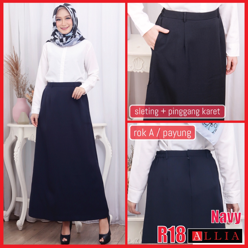 ALLIA R18 - Black M - 7L - Rok A Wanita - Rok Panjang Wanita - Rok kerja wanita - ROK HITAM-R18 ROK A - NAVY