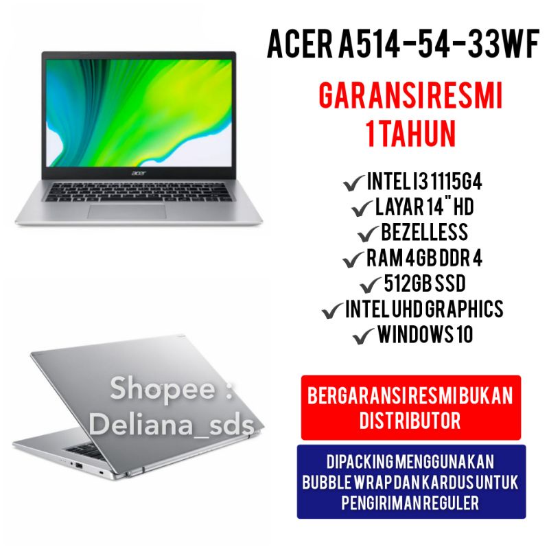 Laptop Acer Aspire 5 A514 - 54 - 33WF Intel I3 1115G4 512GB Ssd Garansi Resmi 1 Tahun Laptop Acer A514-54-33wf intel i3 laptop acer i3 laptop i3 laptop acer murah laptop acer i3 murah