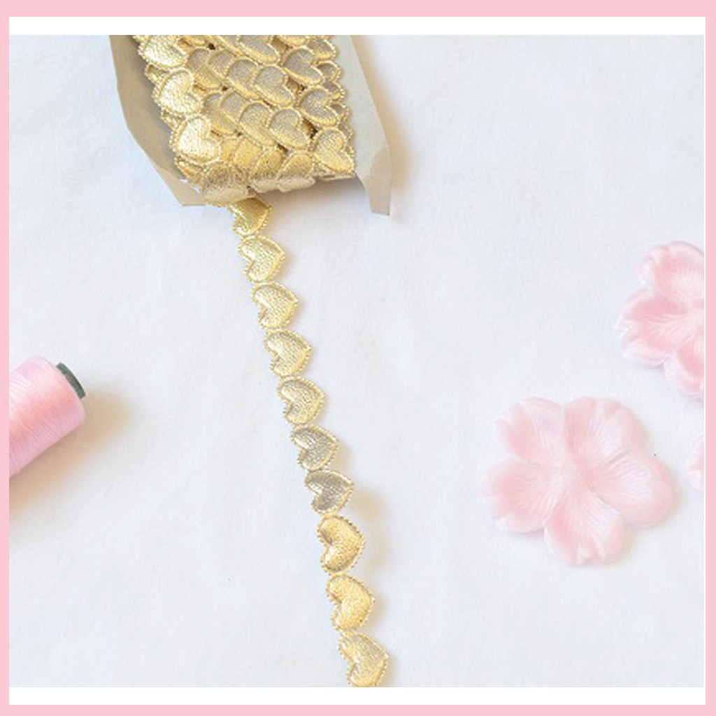[PER ROLL] Renda bunga hati bahan satin gold silver  lebar 2 cm vintage rustic hiasan mukena hiasan 