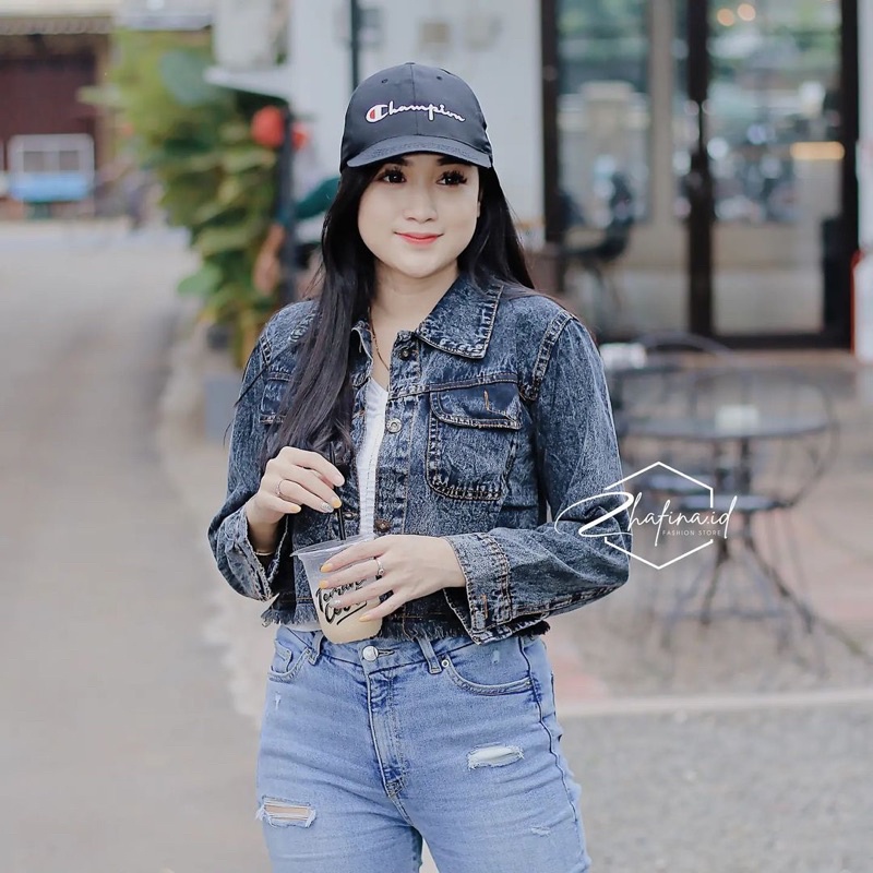 JAKET JEANS WANITA CROPTY DENIM TEBAL PREMIUM FASHION HIJAB MURAH Bawah Rawis BY WHITELY