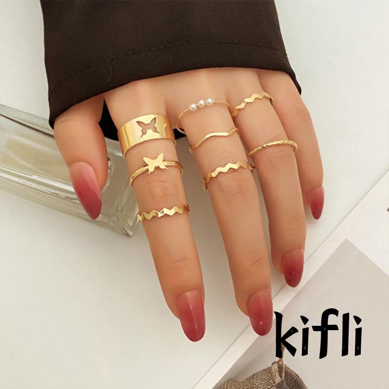 8pcs Cincin,Model Terbuka Adjustable,Desain Kupu-Kupu Gelombang