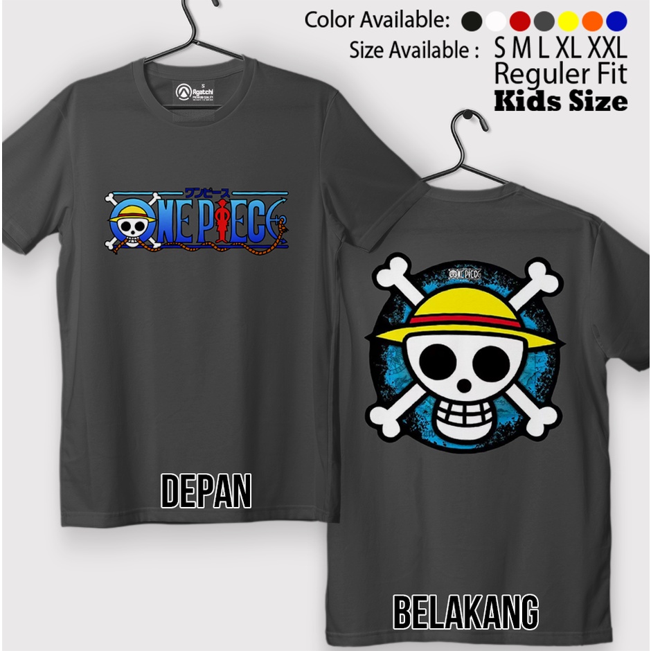 Kaos Atasan Anak Laki Laki / Baju Anak / Kids T shirt Anime One Piece Logo Tengkorak Bajak Laut Sablon Depan Belakang