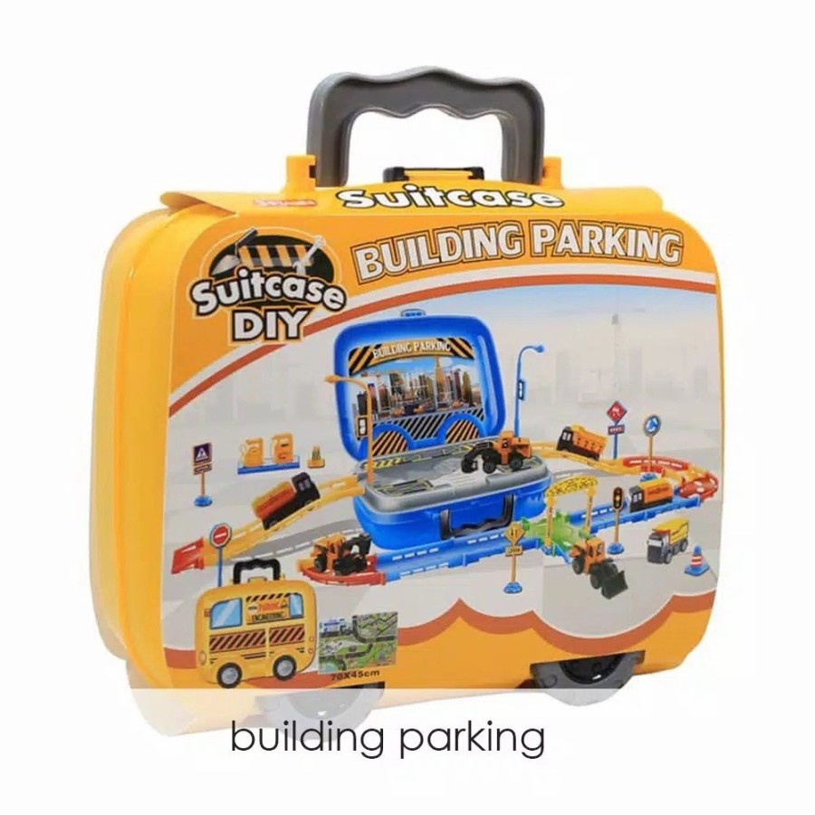 Mainan anak building parking DIY suitcase set koper Parkiran mobil