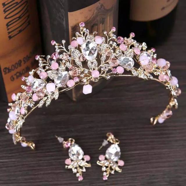 FerenHongXia Banfo tiara handmate+anting tusuk kristal warna emas pink