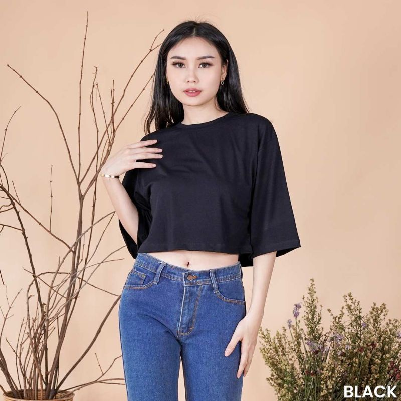 Kaos Crop Top Atasan Wanita Casual Sexy Polos Drop Shoulder Tee