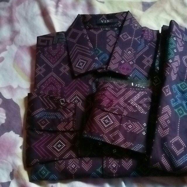 Kemeja Batik Songket Panjang Pria Cowo Kerja Kantor Ungu