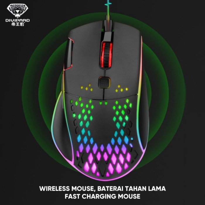 Mouse Gaming Wireless Charging Divipard Honey Comb Q15 RGB 7200 DPI