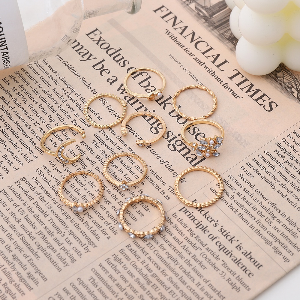 【COD Tangding】10pcs/set Star and Moon Ring Set with Diamond and Pearl Bohemian Ring Set with Jewelry Fashion