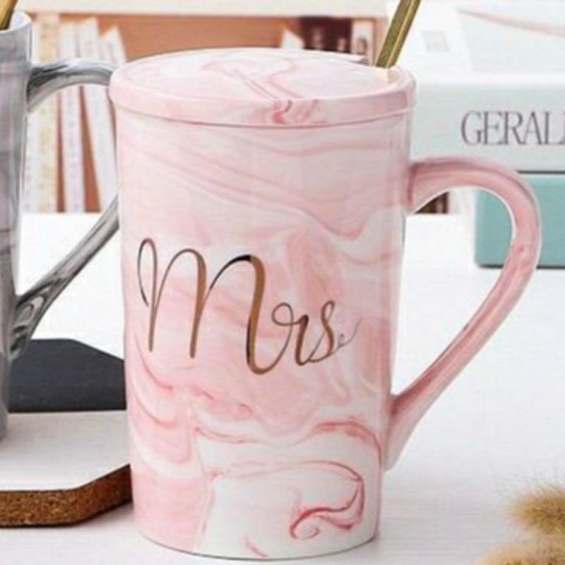 ( GARANSI PECAH )Ceramic Mug Cup Gelas Motif Marble mr dan mrs tebal lengkap dapat gelas+ tutupgelas