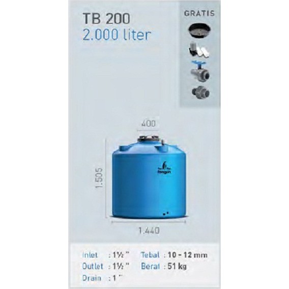 Tangki / Tandon / Toren Air merk Penguin tipe TB 200 (2000L)