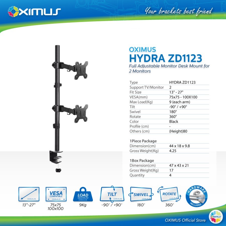 Bracket  Meja LCD LED TV 2 Monitor 13&quot; - 27&quot; OXIMUS HYDRA ZD1123 Desk Mount Dual