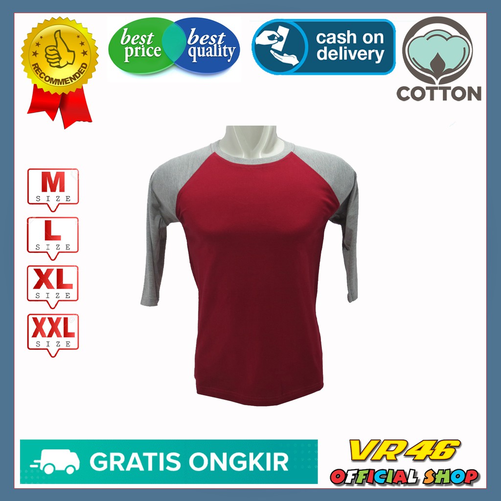 Kaos Reglan Polos Lengan 3/4 Warna Merah Marun Lengan Abu Misty Size M L XL XXL Bahan Katun 24S 80