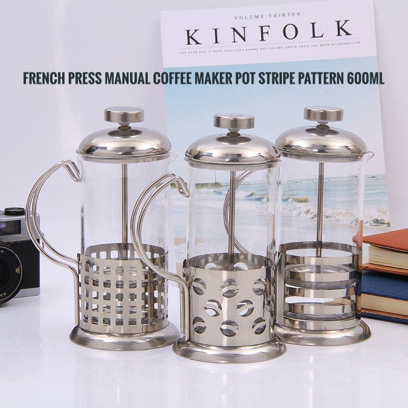 French Press Manual Coffee Maker Pot Stripe Pattern 600ml - KG72I