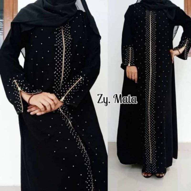 Abaya Ziper Swarosky Bahan Jetblack Saudi Premium