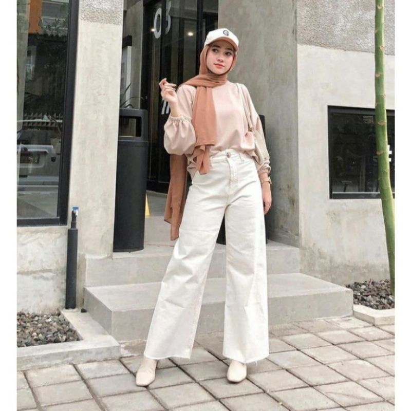 Celana kulot jeans wanita putih lilac hitam highwaist denim jins cewek cullote cutbray lepis levis