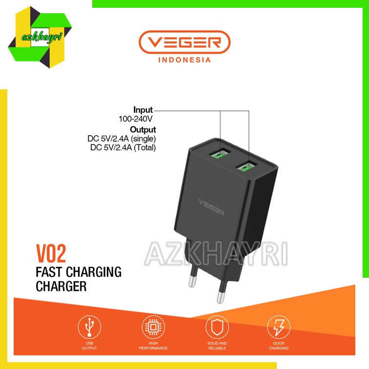 Adaptor Charger Veger V02 Fast Charging 2 Output USB 2.4A Wall Charger