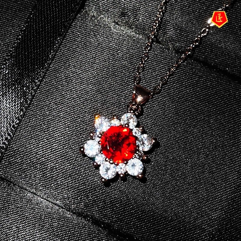 [Ready Stock]Sun Flower Necklace Female 18K Rose Gold Special-Interest Design Ruby Pendant