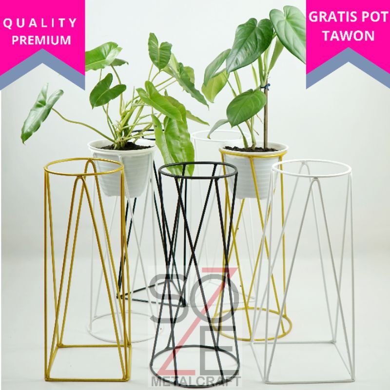 STANDING POT DUDUKAN BESI BUNGA MINIMALIS TINGGI 40 & 50 cm WARNA PUTIH , GOLD , HITAM + POT PUTIH