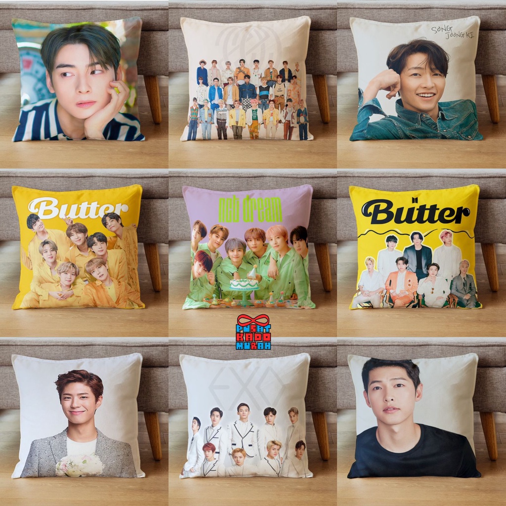 Bantal Sofa Artis Actor Korea 🇰🇷 - BTS / BTS Butter / EXO / NCT / Song Joong Ki / Cha Eun Woo / Blackpink / IU / Hyun Bin / Park Seo Joon / Park Bo Gum 40x40 cm - Pusat Kado Murah