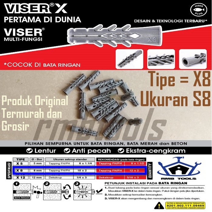 [1Dus] Viser X8 Nylon WAll Plug Tembok Dinding Untuk Bata Ringan Bata Merah Beton