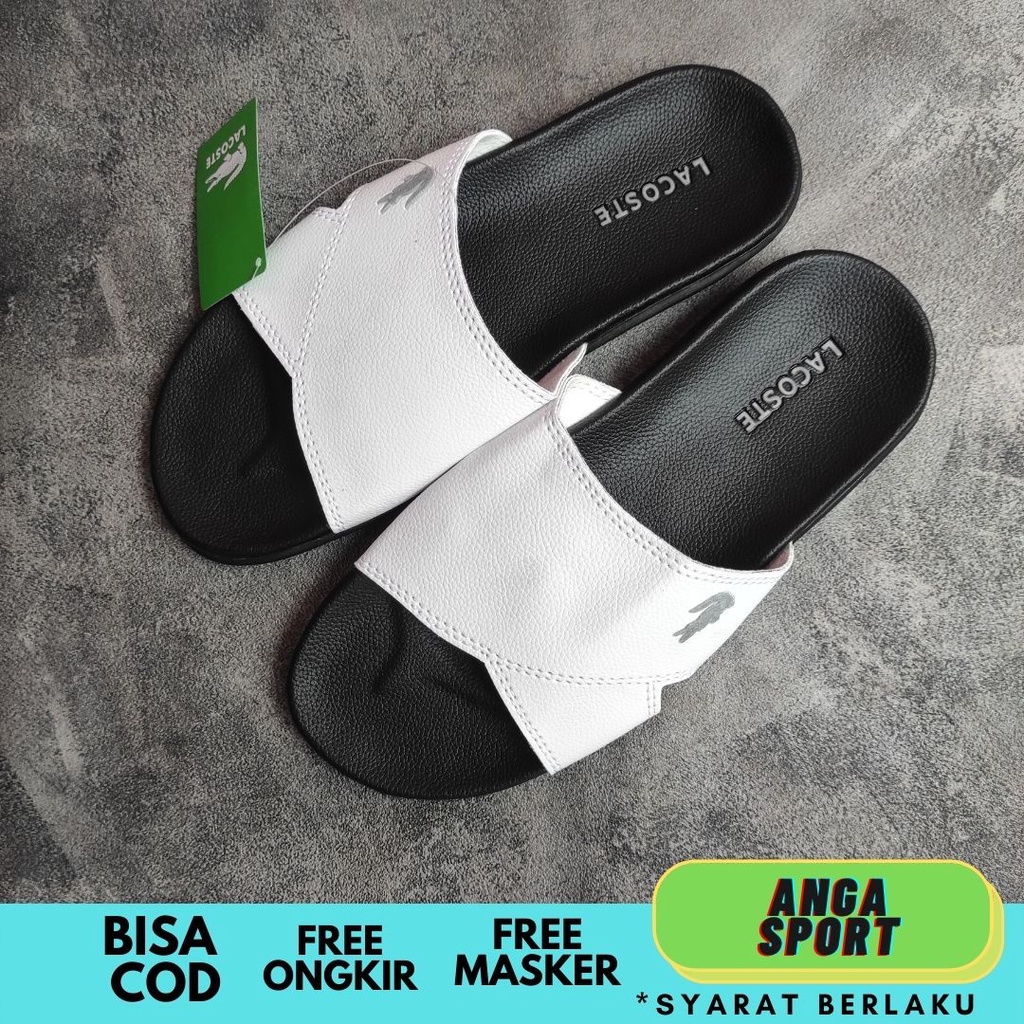 SANDAL PRIA SLIDE LACOSTE CROCO HITAM PUTIH SEMI KULIT KUALITAS PREMIUM / SANDAL SLOP COWOK DISTRO CASUAL / SENDAL SELOP REMAJA DEWASA KEKINIAN KEREN SANTAI SIZE 39-43