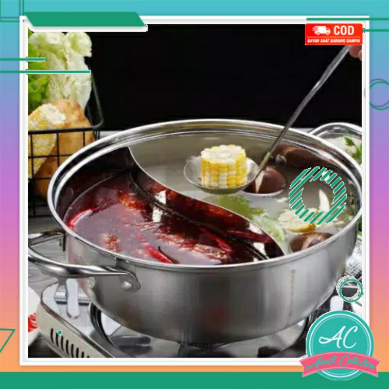 Panci shabu sabu 2 sekat mangkok sup steambot hot pot tutup kaca diameter 28cm stainless steel