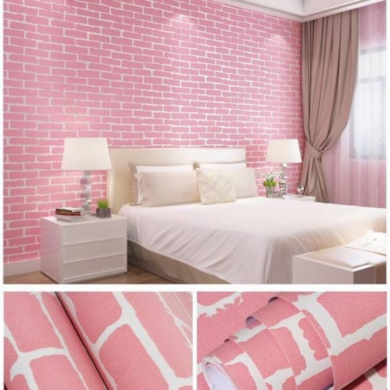 Wallpaper Stiker Dinding Motif Batu bata Warna  Pink Mewah Elegan Premium Modern
