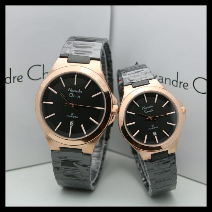 BANTING HARGA ORIGINAL Jam Tangan Couple Alexandre Christie 8634 AC 8634 - ROSEGOLD BLACK