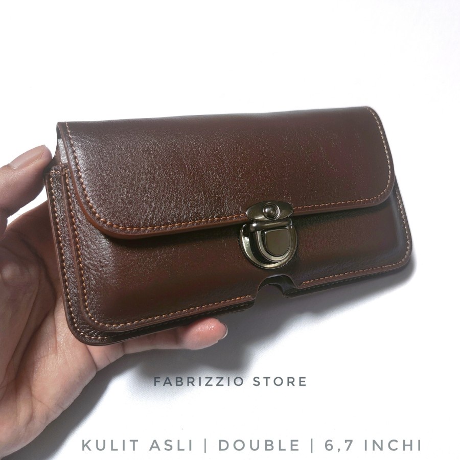 sarung hp pinggang kulit asli horizontal/ tidur dobel slot