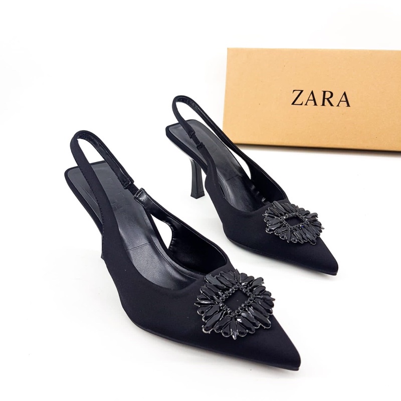 Pump heels stripe back 7cm by Zara diamond fullblack glass import high quality fashion shoes sepatu 