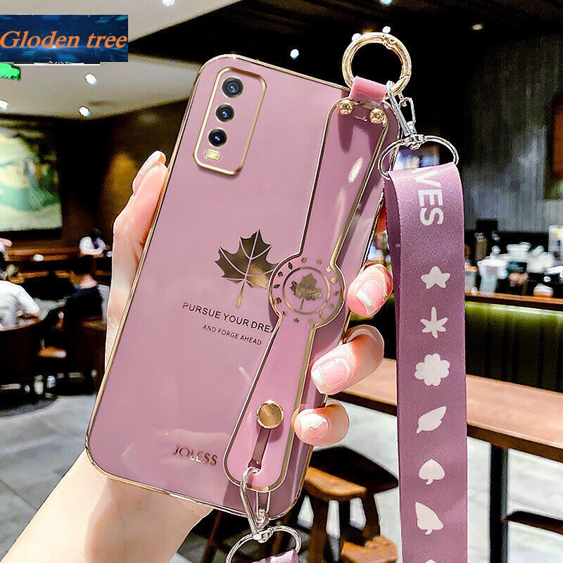 Case Motif Daun Maple Dengan lanyard Untuk Vivo Y12S 2021 Y12A Y20 2021 Y20i Y20A Y20S G