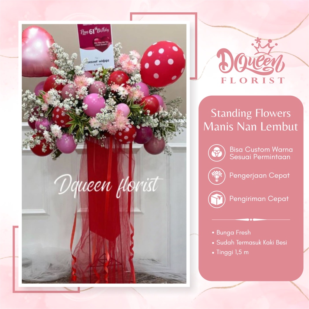 Standing Flowers Manis Nan Lembut Stending Flower Bucket Buket Bunga Ucapan Selamat Hadiah Happy Birthday Wedding Lamaran Wisuda Ulang Tahun Peresmian Grand Opening Natal Papan Karangan Duka Cita Belasungkawa 100% Asli Fresh