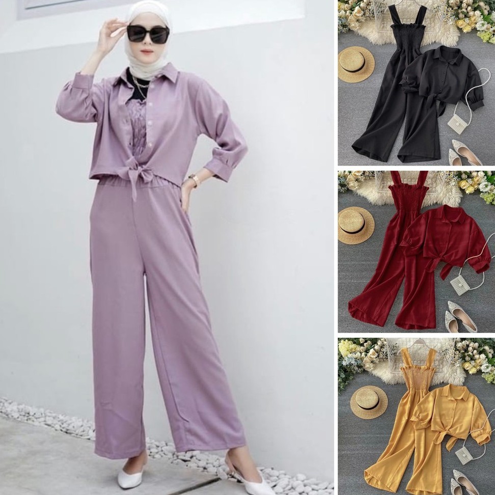 BAJU SETELAN WANITA MODEL KOREA TERBARU SETELAN JUMPSUIT ANNORA ONE SET 2IN1 MOSCREPE PREMIUM