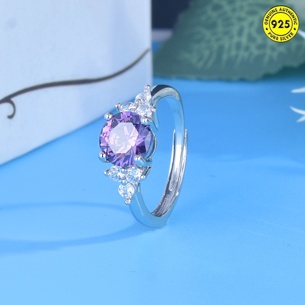 Cincin Bahan Sterling Silver 925 Hias Berlian 1 Karat Warna Ungu Untuk Wanita