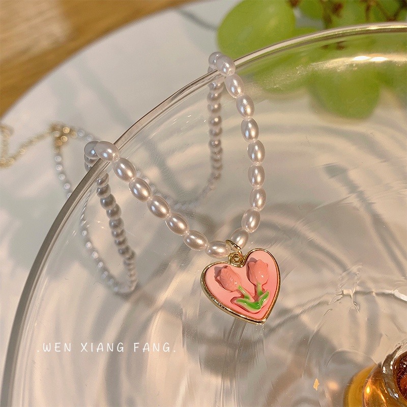 AY(CN) Kalung Rantai Klavikula Ganda Liontin Hati Tulip Minyak Mutiara Gaya Korea Elegan Untuk Aksesoris Perhiasan