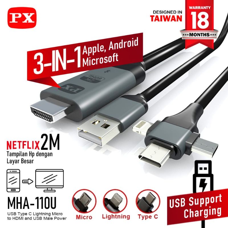 Kabel Smartphone to HDMI TV Support Android IOS PX MHA-110U