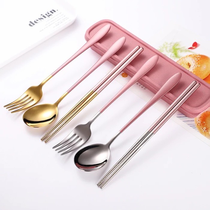 SENDOK MAKAN GARPU SUMPIT PORTABLE STAINLESS SET 4IN1 ALAT MAKAN KOREA