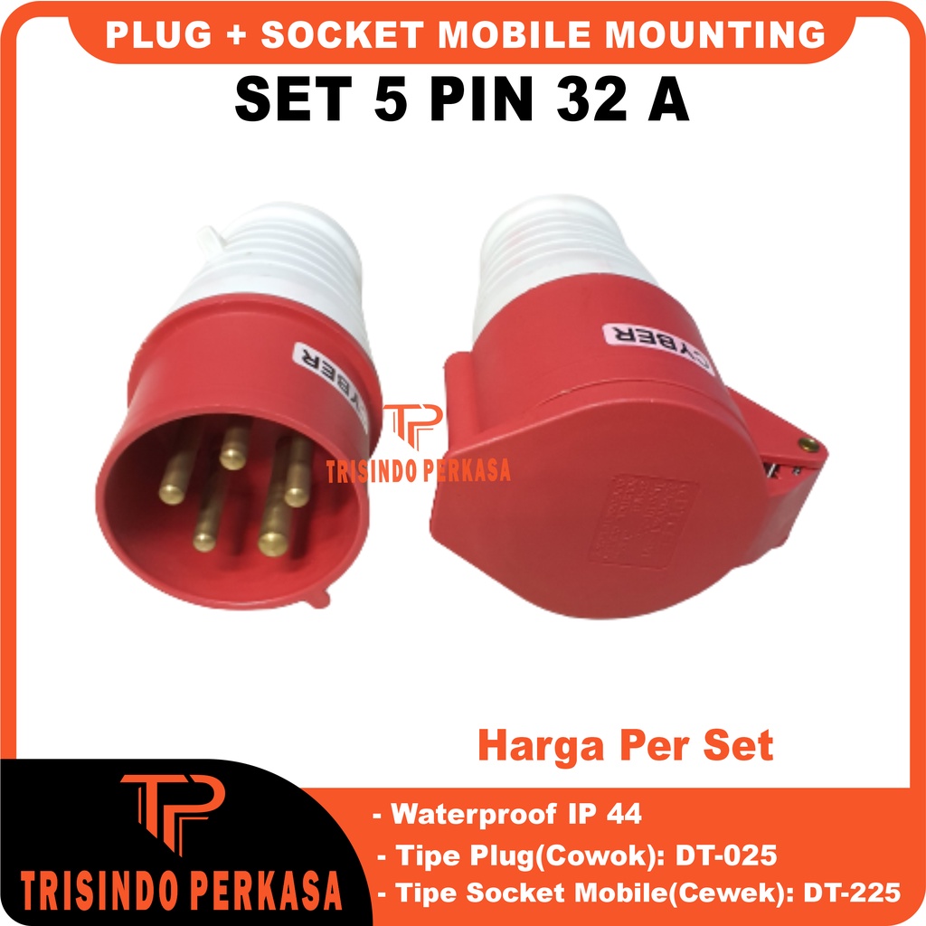 Plug Steker Socket industri/Industry Mobile Mounting 5 Pin 5P 32A (025 + 225) IP44 5 Kaki 5Kaki 32 Ampere