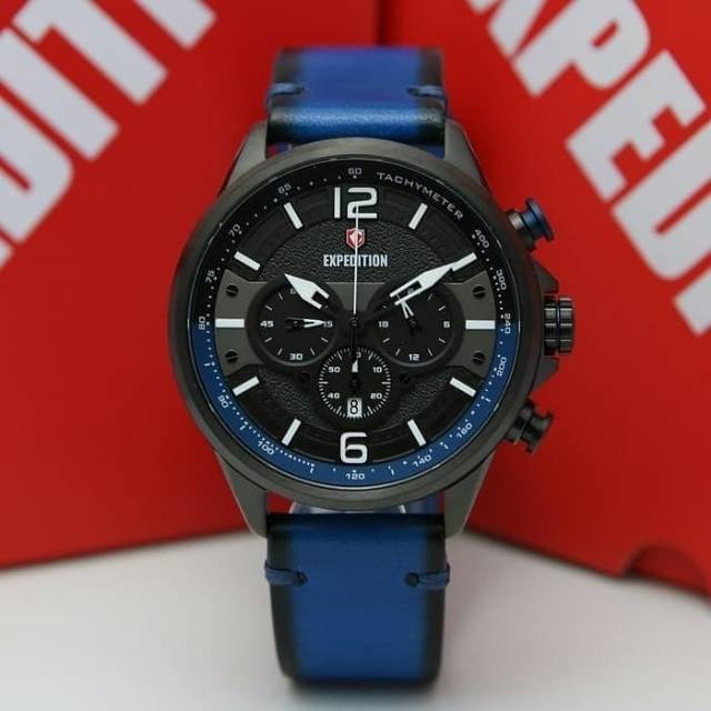 OBRAL MURAH JAM TANGAN EXPEDITION E6796 / E 6796M  ORIGINAL RING HITAM BLACK LEATHER STRAP BLUE BIRU
