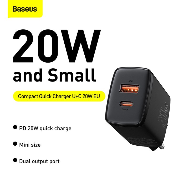 Baseus Kepala Charger Quick Charger QC3.0 Type-C+USB 20W PD Fast Charg