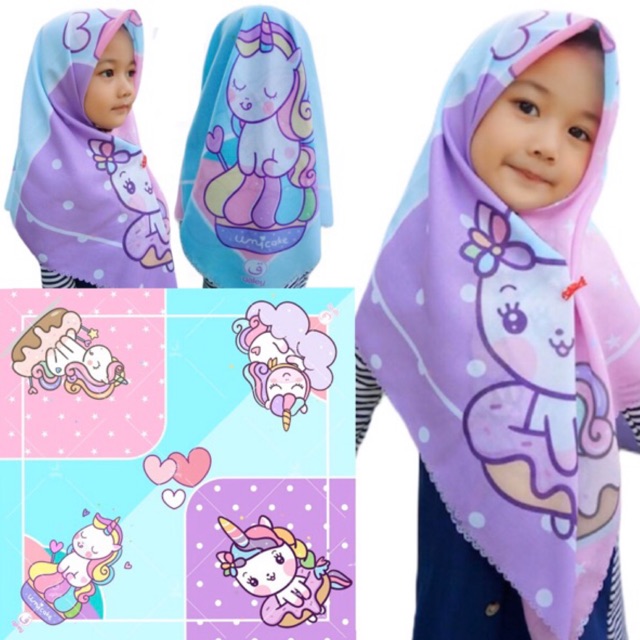 VOAL PRINTING MOTIF UNICAKE / HIJAB ANAK KARAKTER UNICORN CAKE / JILBAB ANAK LUCU