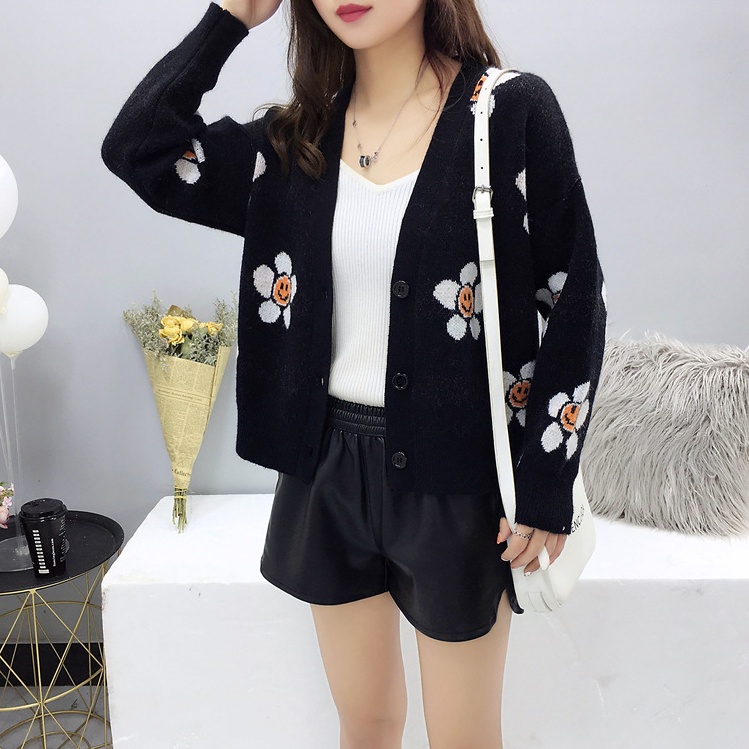 yikoo-Cardigan lengan panjang motif bunga wanita korea kardigan rajut