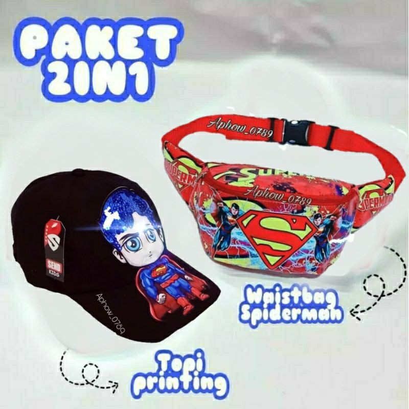 WESTBAG ANAK PAKET 2IN1 WAISTBAG ANAK MOTIF KARTUN DAN TOPI PRINTING