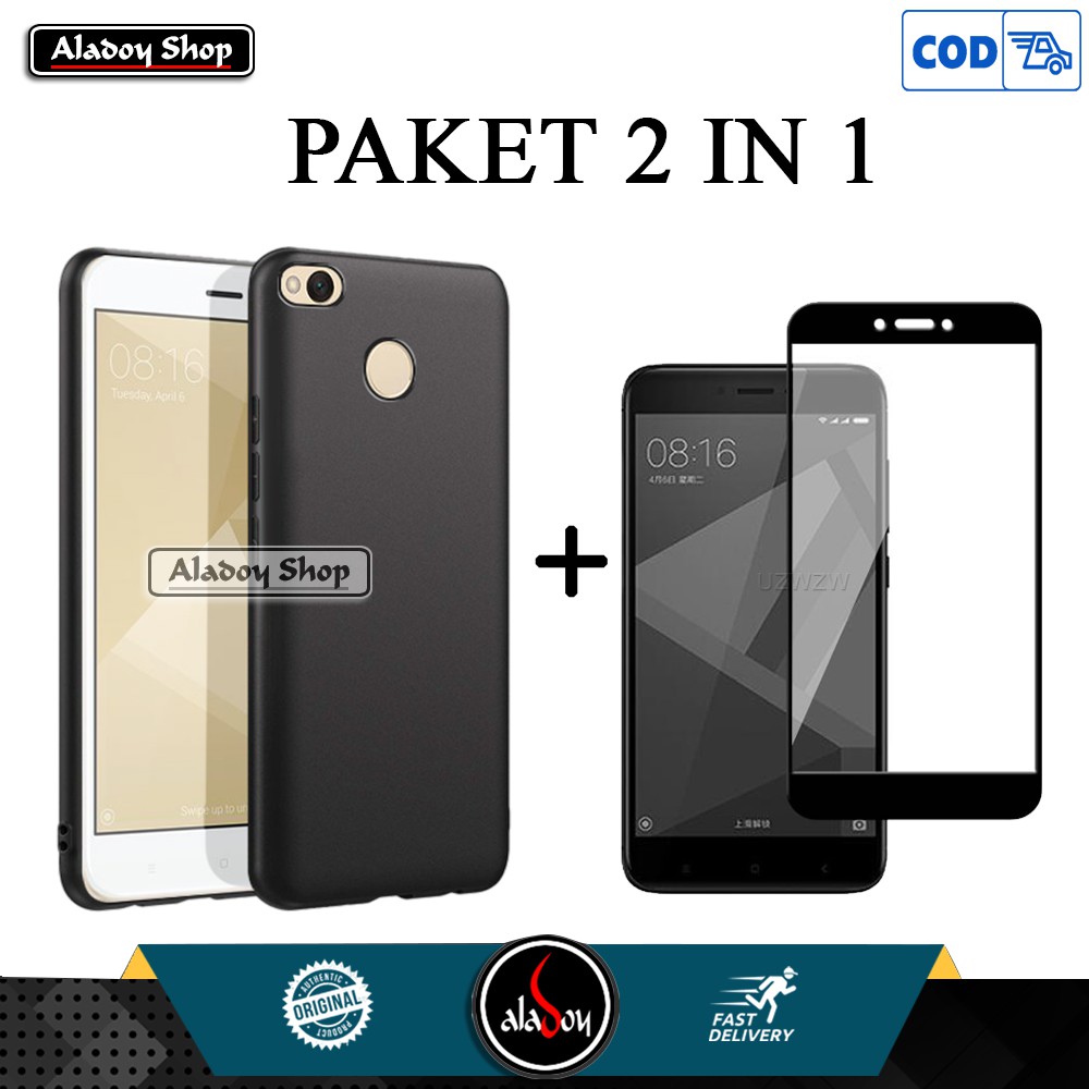 Case Xiaomi Redmi 4X Ultra Slim Black Matte Premium Softcase Casing + Tempered Glass Full Layar