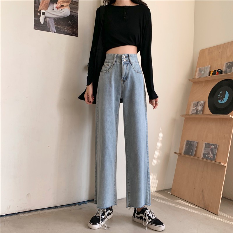 [chaoo.id]Jeans Retro Wanita Gaya Korea Celana Longgar Pinggang Tinggi