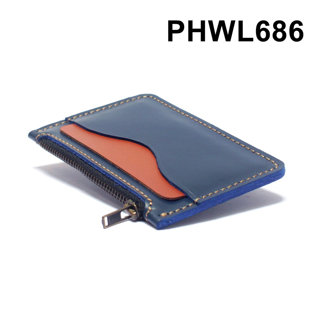 dompet kartu zipper resleting kulit asli biru tan - PHWL686