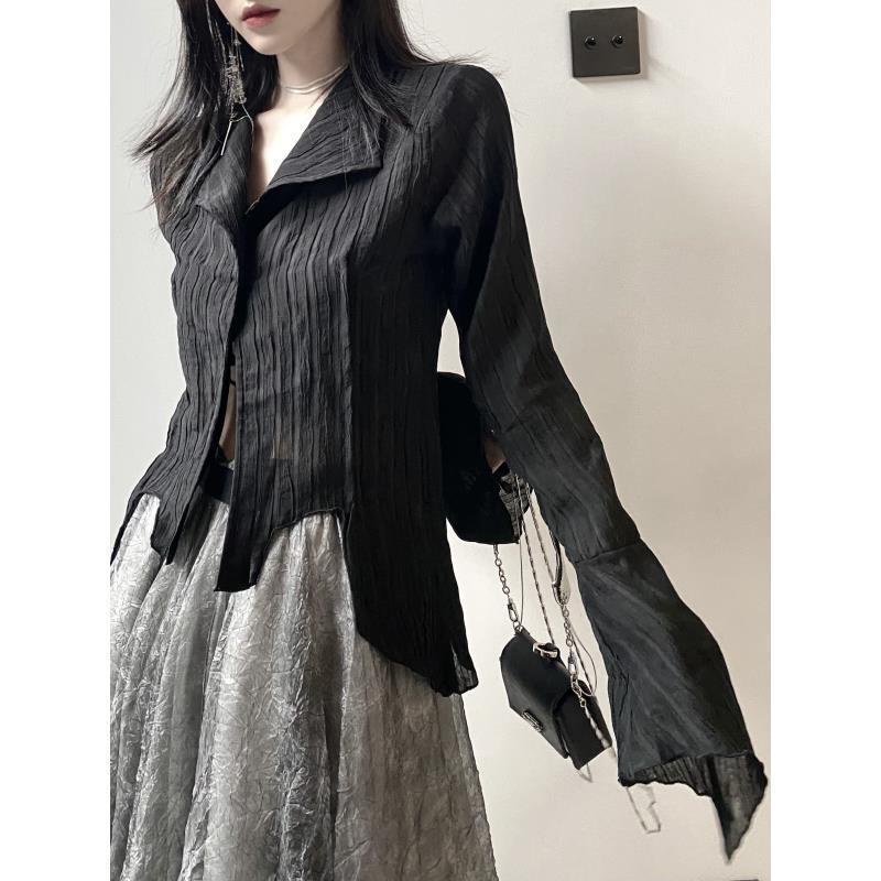 FunnJ Fangji keren hitam gadis liar desain rasa niche kemeja lengan panjang wanita retro pelangsing inner top musim gugur