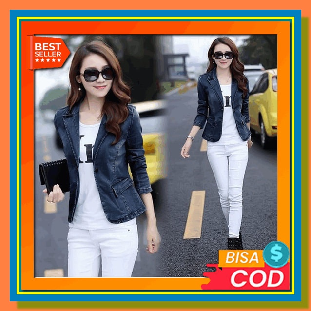 Jaket Jeans Crop Wanita Aplikasi Gambar Keren Gaya - Jaket Jeans Model Kekinian - Jaket Denim Import