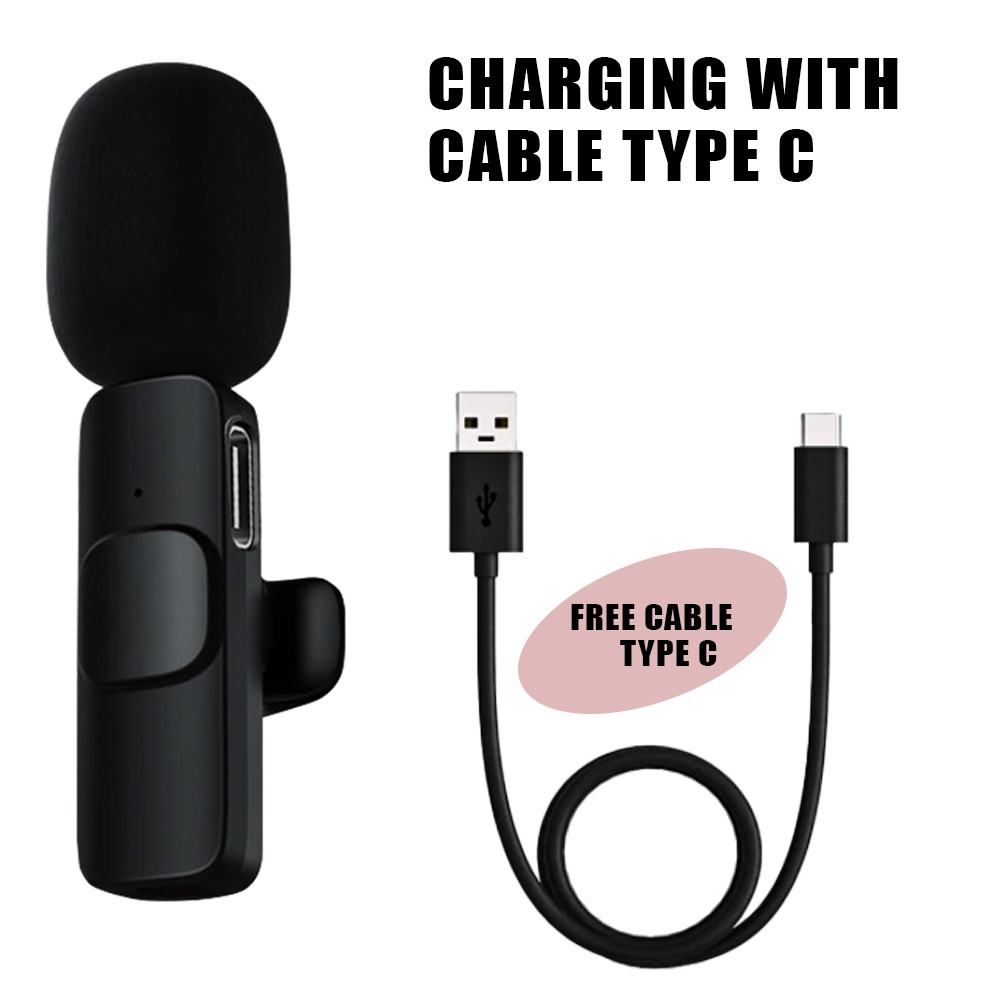 Microphone Wireless Mikropon Bluetooth Clip On HP Vlog Microfon Youtuber Recording Portable Mic for iPhone Lighting and Android Type C Smartphone Condenser
